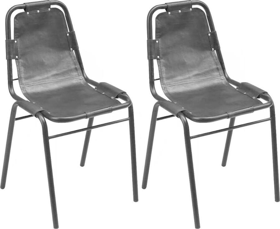 VidaXL Eetkamerstoelen 2 stuks Echt leer Zwart Industriële Eetkamerstoel Leren Eetkamerstoel Zwarte Eetkamerstoel Eetkamerstoelen Set Design Eetkamerstoel Vintage Eetkamerstoel Modern Eetkamerstoel Salontafel Dining Chair - Foto 2
