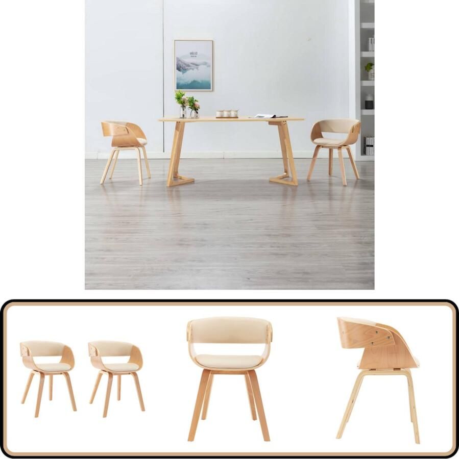 VidaXL Eetkamerstoelen 2 stuks Gebogen Hout Crème Eetkamerstoel Kunstleder Vintage Meubels Retro Meubels Creme Kleurige Stoel - Foto 2