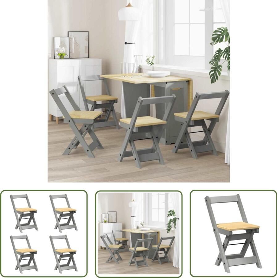 VidaXL Eetkamerstoelen 4 st Corona inklapbaar massief grenenhout grijs Eetkamerstoelen Klapstoelen Granenhouten Stoel Vintage Stoel Design Stoel