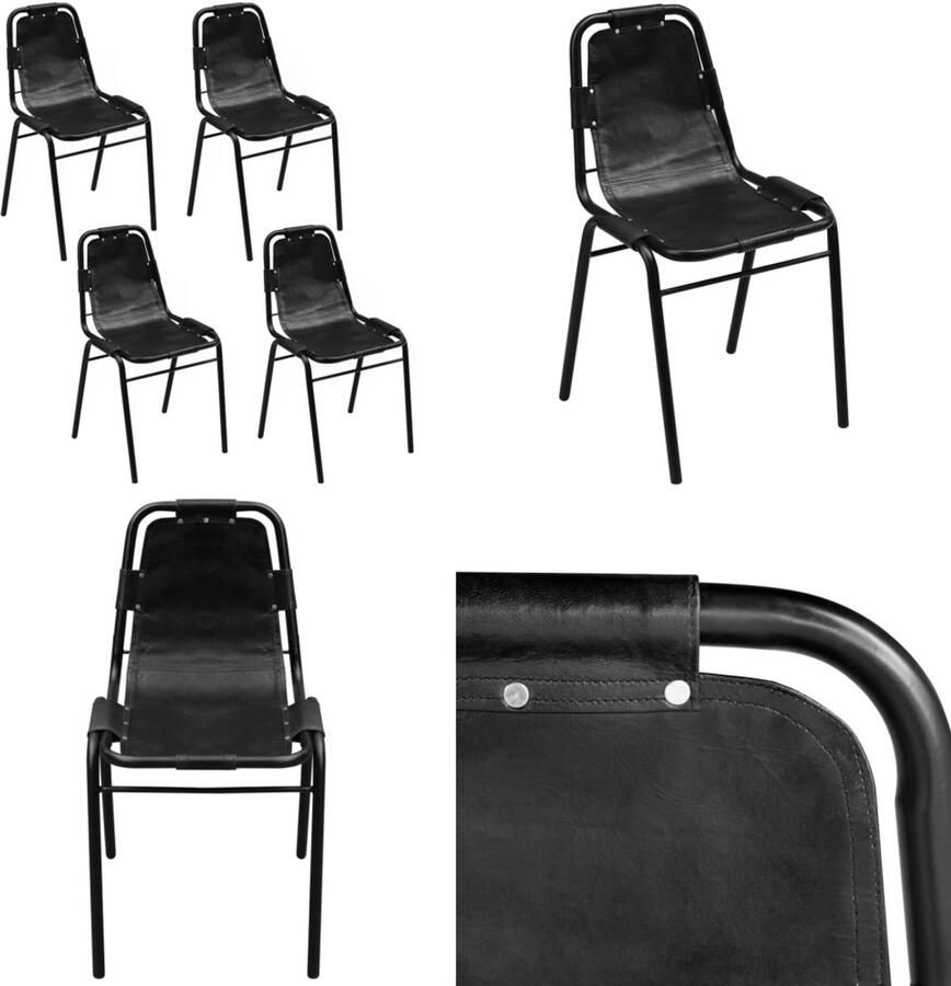 VidaXL Eetkamerstoelen 4 st echt leer zwart Eetkamerstoel Eetkamerstoelen Keukenstoel Keukenstoelen
