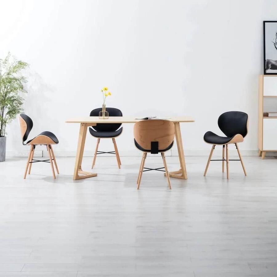 VidaXL Eetkamerstoelen 4 st kunstleer en gebogen hout zwart Eetkamerstoel Eetkamerstoelen Bijzetstoel Bijzetstoelen - Foto 2