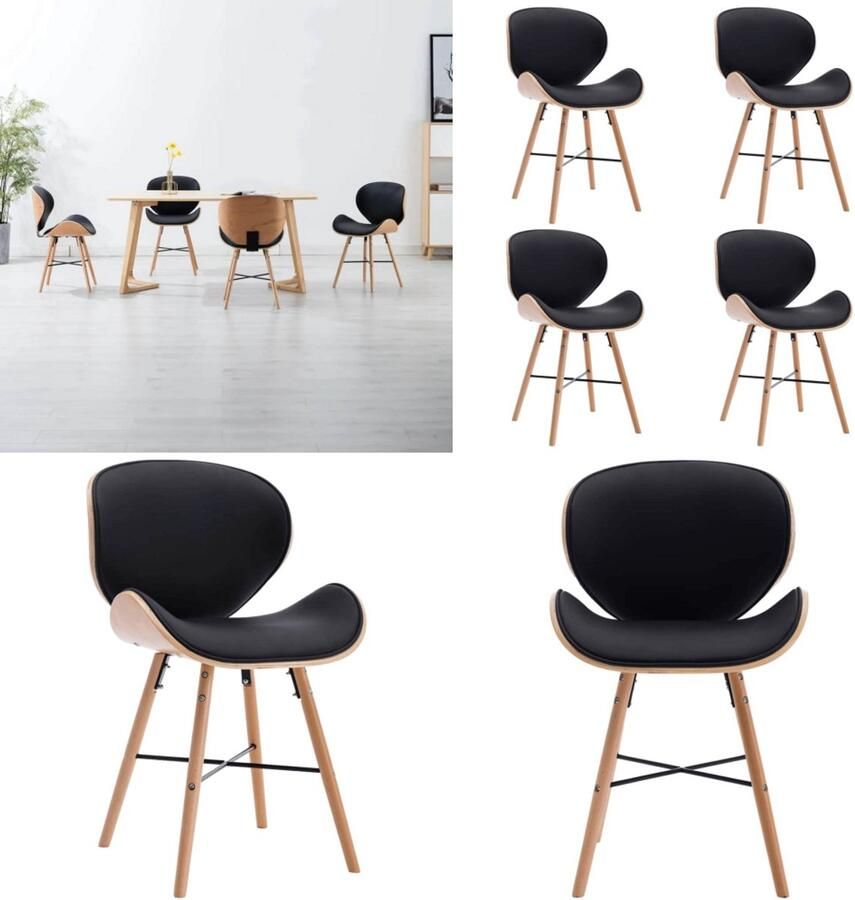 VidaXL Eetkamerstoelen 4 st kunstleer en gebogen hout zwart Eetkamerstoel Eetkamerstoelen Bijzetstoel Bijzetstoelen