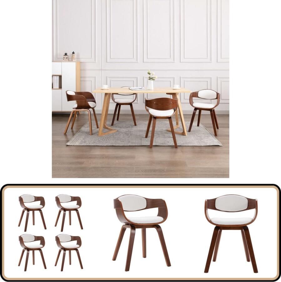 VidaXL Eetkamerstoelen 4 st Kunstleer en Hout Eetkamerstoel Kunstleder Houten Frame Wit Vier Stuks Dining Chair Salontafel
