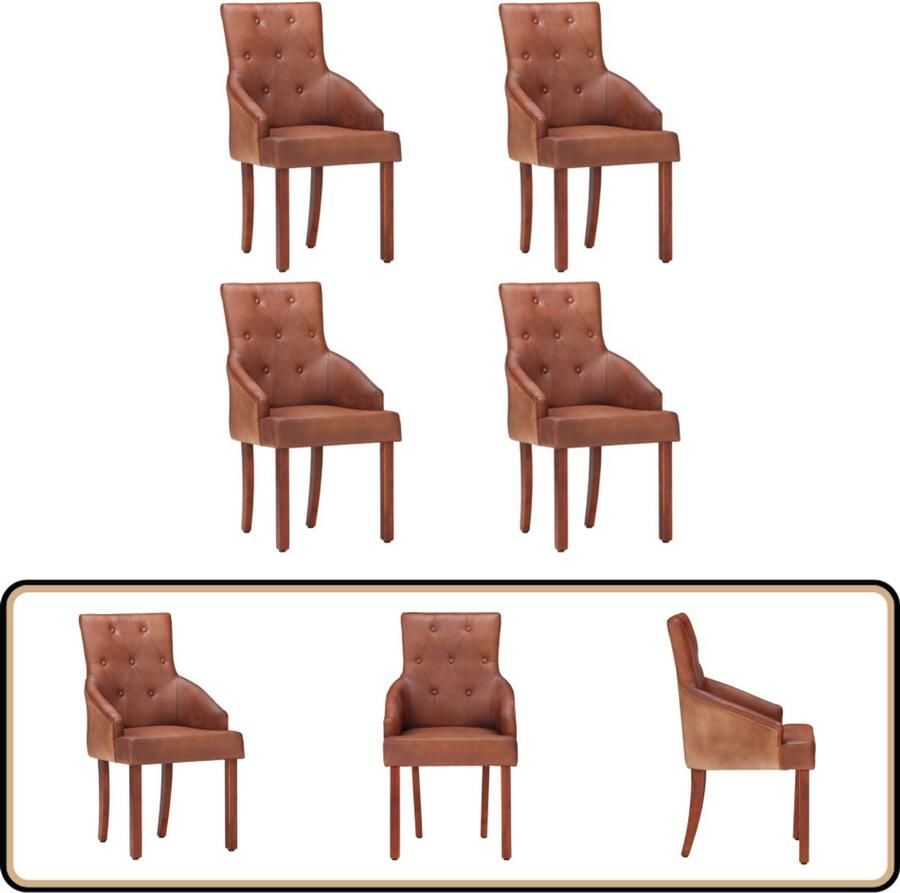 VidaXL Eetkamerstoelen 4 stuks Echt geitenleer Bruin Eettafel Stoelen Geiten Leer Stoelen Design Stoelen Bruine Eetkamerstoelen Mangohout Meubels Vintage Stoelen Eetkamer Set