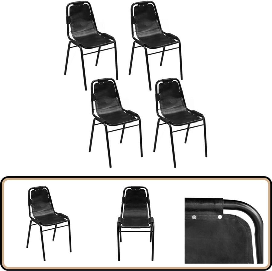 VidaXL Eetkamerstoelen 4 stuks Echt leer Zwart Eettafel Stoelen Industrieel Design Leren Stoelen Zwarte Stoelen Eetkamerstoelen Set