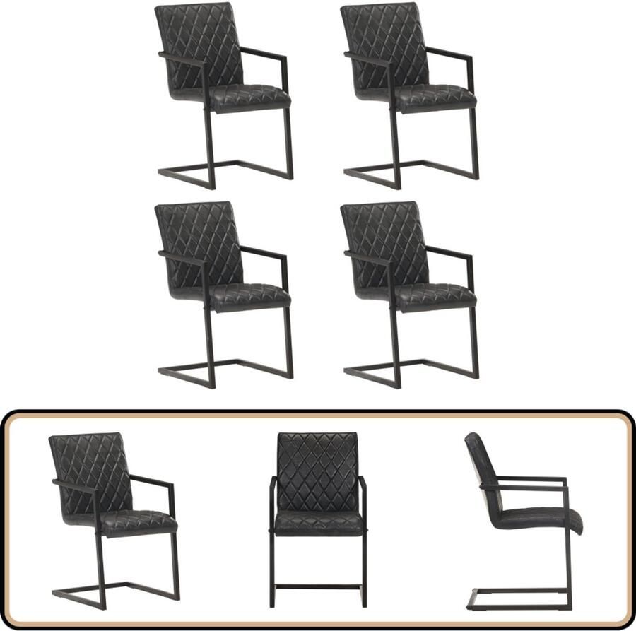 VidaXL Eetkamerstoelen 4 stuks Echt leer Zwart Retro Meubels Eetkamerstoelen Lederen Stoelen Zwarte Stoelen Kantielvering Stoelen