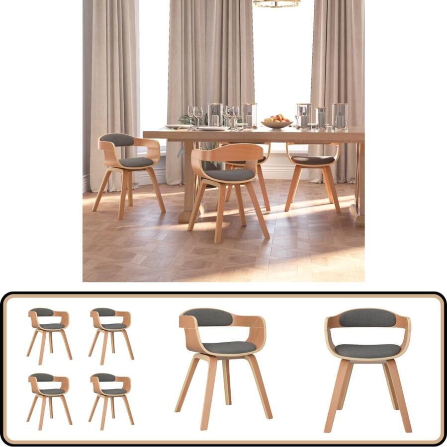 VidaXL Eetkamerstoelen 4 stuks Gebogen hout en stof Trendy Eetkamerstoelen Grijs Design Eetkamerstoelen Moderne Eetkamerstoelen Stijlvolle Eetkamerstoelen