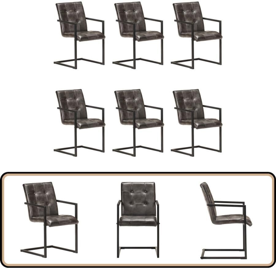 VidaXL Eetkamerstoelen 6 stuks Echt leer Grijs Retro Eetkamerstoelen Lederen Eetkamerstoelen Vintage Eetkamerstoelen Industriële Eetkamerstoelen Set