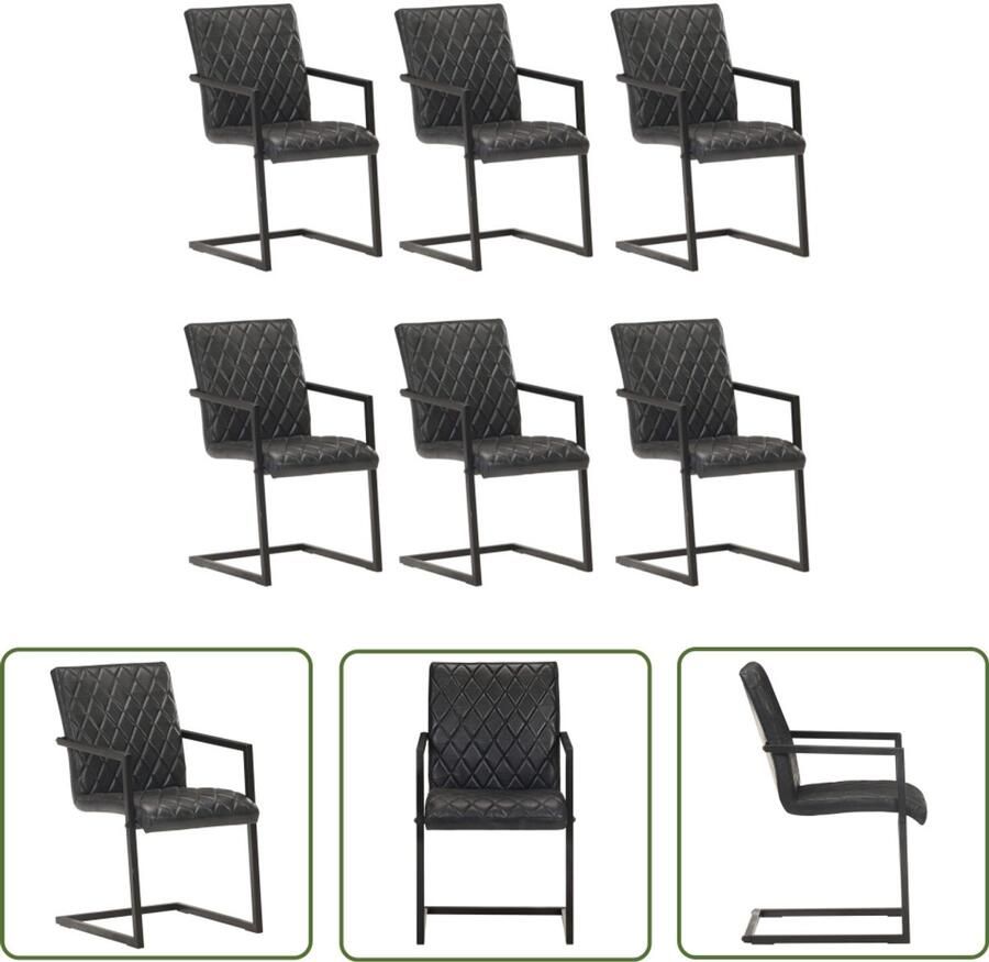 VidaXL Eetkamerstoelen 6 stuks Echt leer Zwart Retro Meubels Eetkamerstoelen Lederen Stoelen Zwarte Stoelen Vintage Stoelen Comfortabele Stoelen Luxe Stoelen