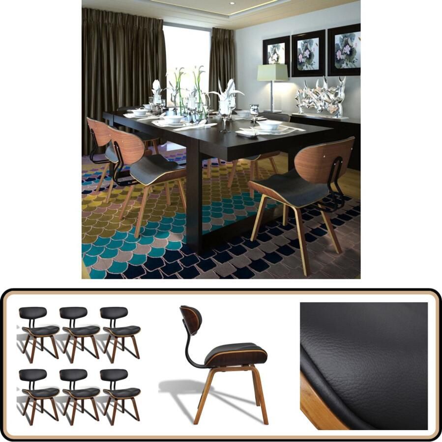 VidaXL Eetkamerstoelen 6 stuks Gebogen hout en kunstleer Eetkamerstoelen Keukenstoelen Kunstleder Meubels Zwarte Meubels Bruine Meubels