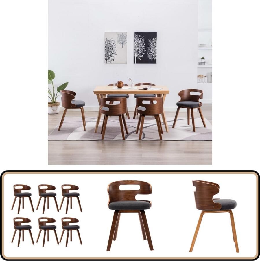 VidaXL Eetkamerstoelen 6 stuks Gebogen hout Stof Eetkamerstoelen Donkergrijs Donkerbruin Velours Lederlook