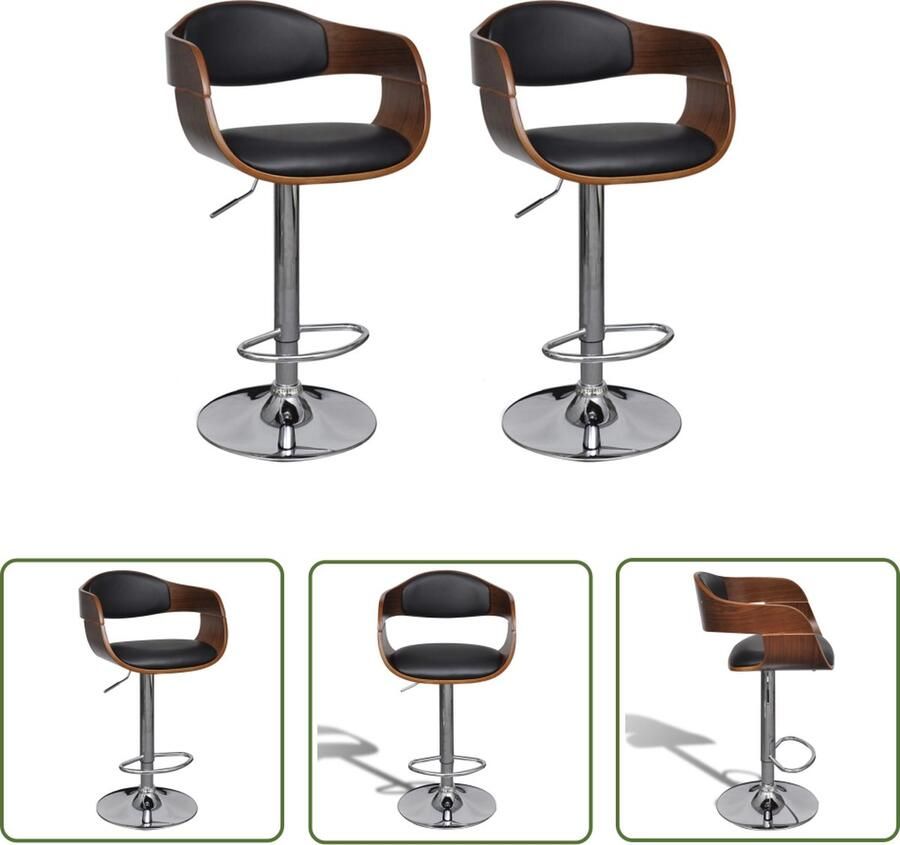 The Living Store Barkrukken Zwart en Bruin Gebogen Hout en Verchroomd IJzer 49 x 49 x (87-109) cm In Hoogte Verstelbaar Barkrukken Eetkamerstoelen Barstoel Zwarte Barkrukken Bruine Barkrukken - Foto 2