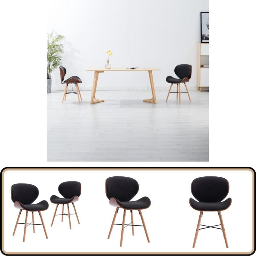 VidaXL Eetkamerstoelen Donkergrijs Set van 2 Eetkamerstoelen Stof Stoel Gebogen Hout Donkere Kleuren Design Meubels Vintage Stoelen Retro Stoelen Comfort Stoelen