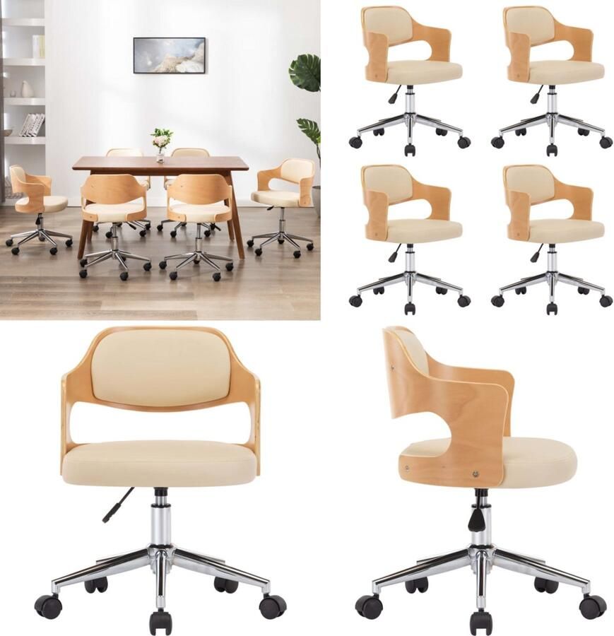 VidaXL Eetkamerstoelen draaibaar 4 st gebogen hout en kunstleer crème Eetkamerstoel Eetkamerstoelen Keukenstoelen Keukenstoel