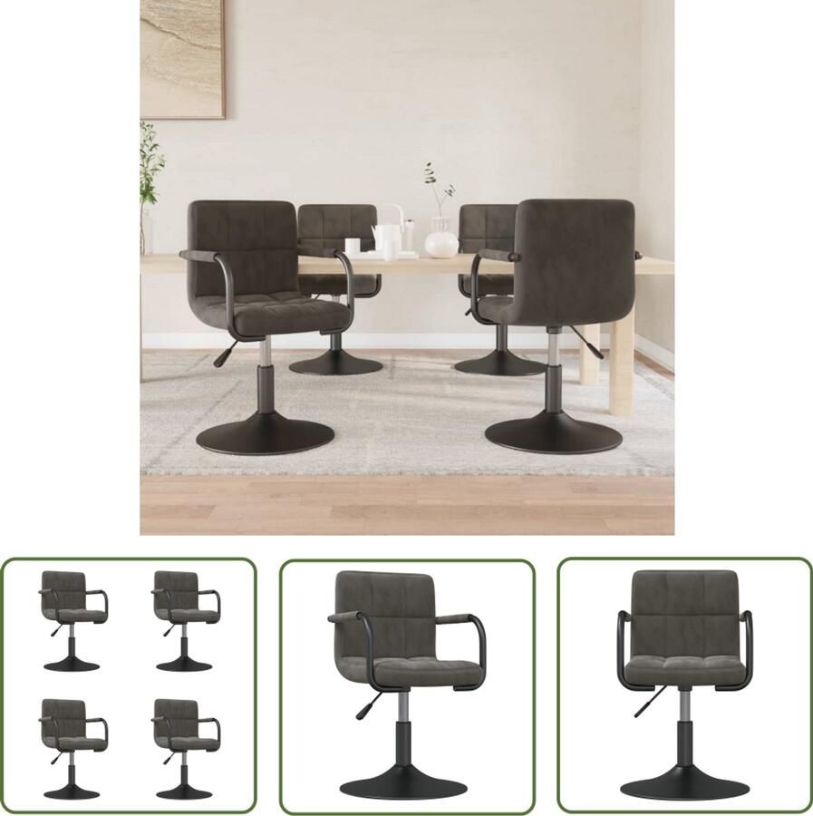 VidaXL Eetkamerstoelen Draaibare Eetkamerstoel Eetkamerstoelen draaibaar 4 st fluweel donkergrijs Fluweel Stoel Donkere Grijze Stoel Design Stoel