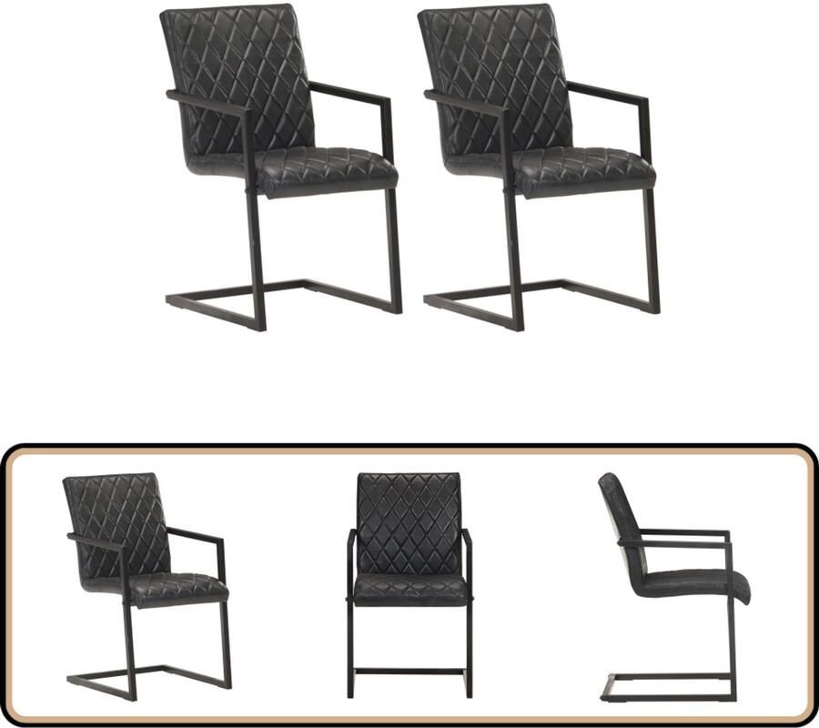 VidaXL Eetkamerstoelen Echt Leer Zwart 2 stuks Retro Meubels Eetkamerstoelen Lederen Stoelen Zwarte Stoelen Kantielveer Stoelen