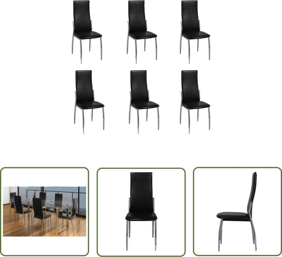 The Living Store Eetkamerstoelen Modern Set van 6 Ergonomisch ontwerp Robuuste constructie Chroom poten Zwart 43 x 54 x 100 cm Eettafelstoelen Eetkamerstoelen Modern Meubilair Kunstleder Stoelen Zwarte Stoelen - Foto 2
