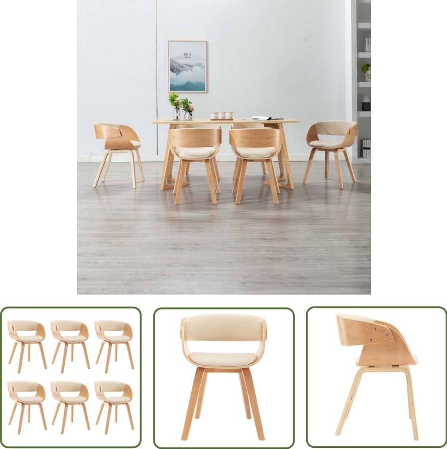 VidaXL Eetkamerstoelen Gebogen Hout & Kunstleer 6 Stuks Eetkamerstoel Kunstleder Creme Bruin Vintage Landelijk Dining Chair Salontafel