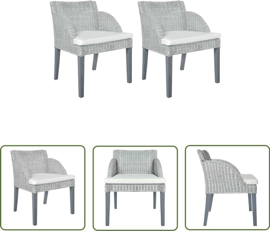 The Living Store Rattan Eetkamerstoelen Grijs 60x59x76 cm inclusief kussens Rattan Meubels Eetkamerstoelen Eettafel Stoelen Grijze Stoelen Lounge Stoelen - Foto 2