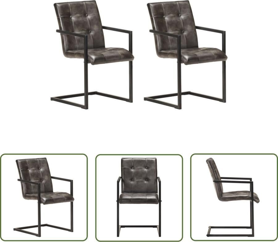 The Living Store Eetkamerstoelen Retro Leer Staal Verweerd Grijs 51x56x91cm Dik gestoffeerd Stevig frame Retro Meubels Eetkamerstoelen Lederen Stoelen Vintage Stoelen Industriële Stoelen - Foto 2