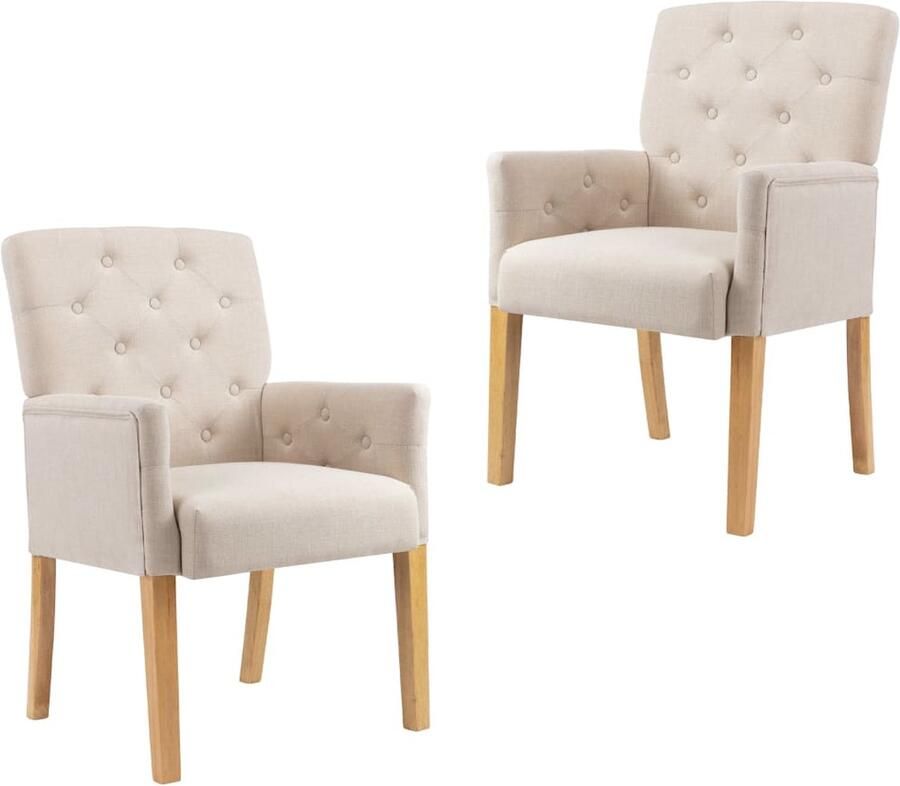 VidaXL Eetkamerstoelen Set van 2 Beige Stof Eetkamerstoel Fauteuil Dining Chair Salontafel Interieurdecoratie Meubilair Beige Stoffen Fauteuil Houten Tafel - Foto 2