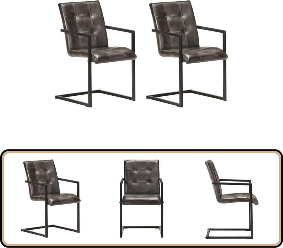 VidaXL Eetkamerstoelen Set van 2 Echt Leer Grijs Retro Meubels Eetkamerstoelen Lederen Stoelen Vintage Stoelen Kantielveer Stoelen