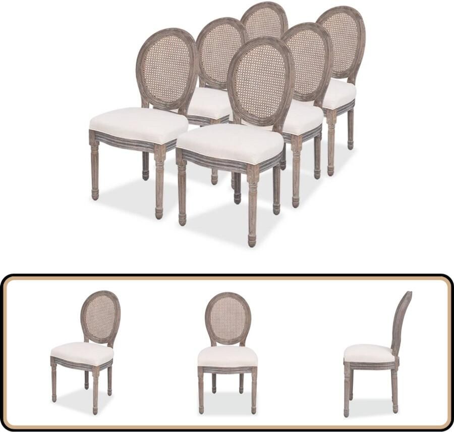 VidaXL Eetkamerstoelen Set van 6 crèmekleurig Eetkamerstoelen Linnen Stoffen Meubels Rattan Meubilair Vintage Stijl Moderne Eetkamerstoelen