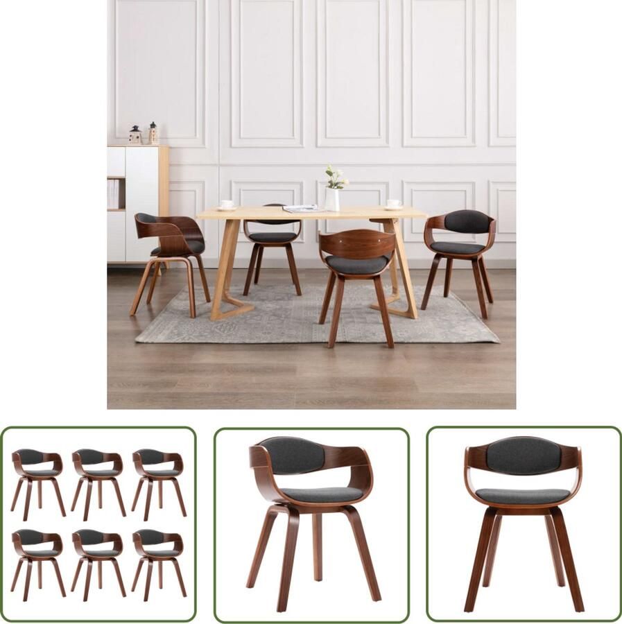 VidaXL Eetkamerstoelen Set van 6 Grijs Stof Eetkamerstoelen Zachte Stoffen Bekleding Gebogen Hout Ergonomisch Ontwerp Comfortabele Stoelen Dining Chairs Salon Meubels Living Room Furniture