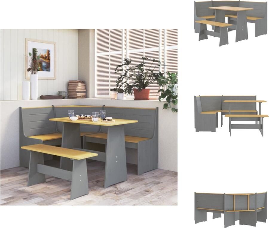 VidaXL Eetmeubelset Massief grenenhout Hoekbank 151x118.5x85 cm Tafel 100x60x73 cm Bankje 92x28x43 cm Set tafel en stoelen