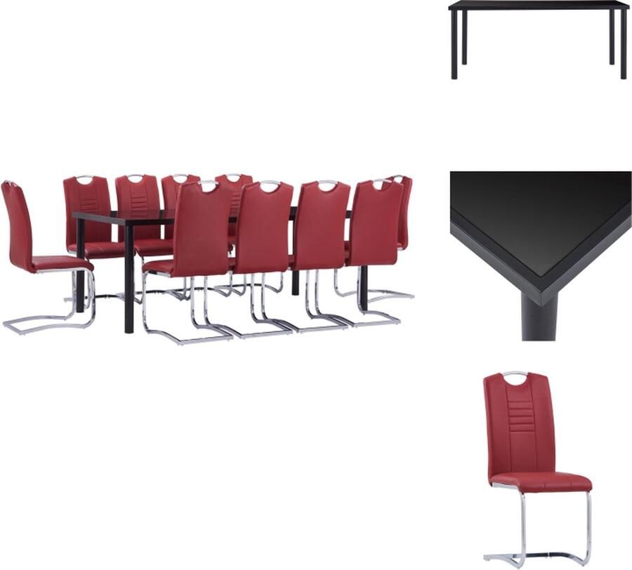 VidaXL Eetset Tafel en 10 Stoelen Zwart Gehard Glas en Metaal Rood Kunstleer 180x90x75cm Set tafel en stoelen