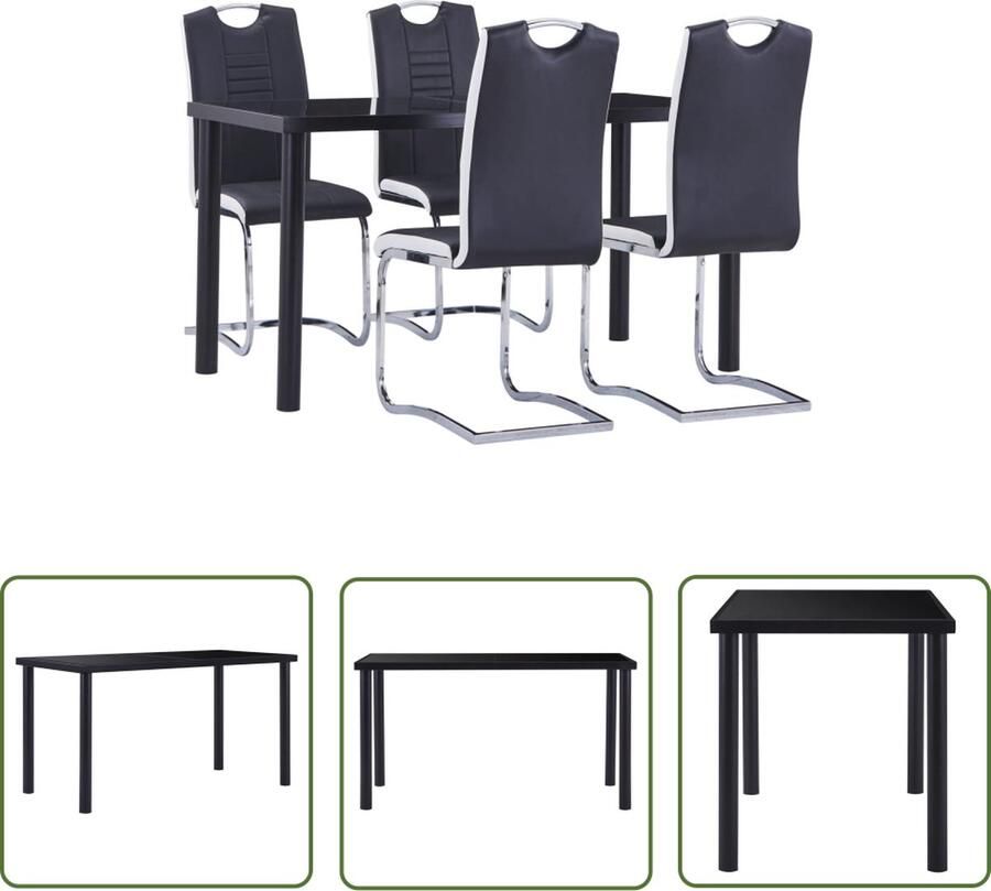 The Living Store Eetset Eettafel 140 x 70 x 75 cm Eetstoelen 42 x 52 x 100 cm Zwart Gehard Glas en Metaal Kunstleer Staal Eetkamerset Zwarte Eettafel Eetkamerstoelen Kunstleder Meubels Salontafel - Foto 3