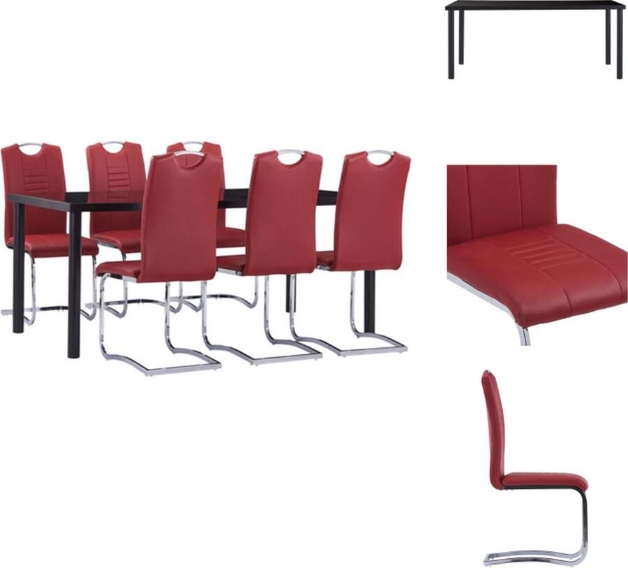 VidaXL Eethoek Eettafel en 6 stoelen Zwart gehard glas metaal Rode kunstleren bekleding 180x90x75cm Montage vereist Set tafel en stoelen