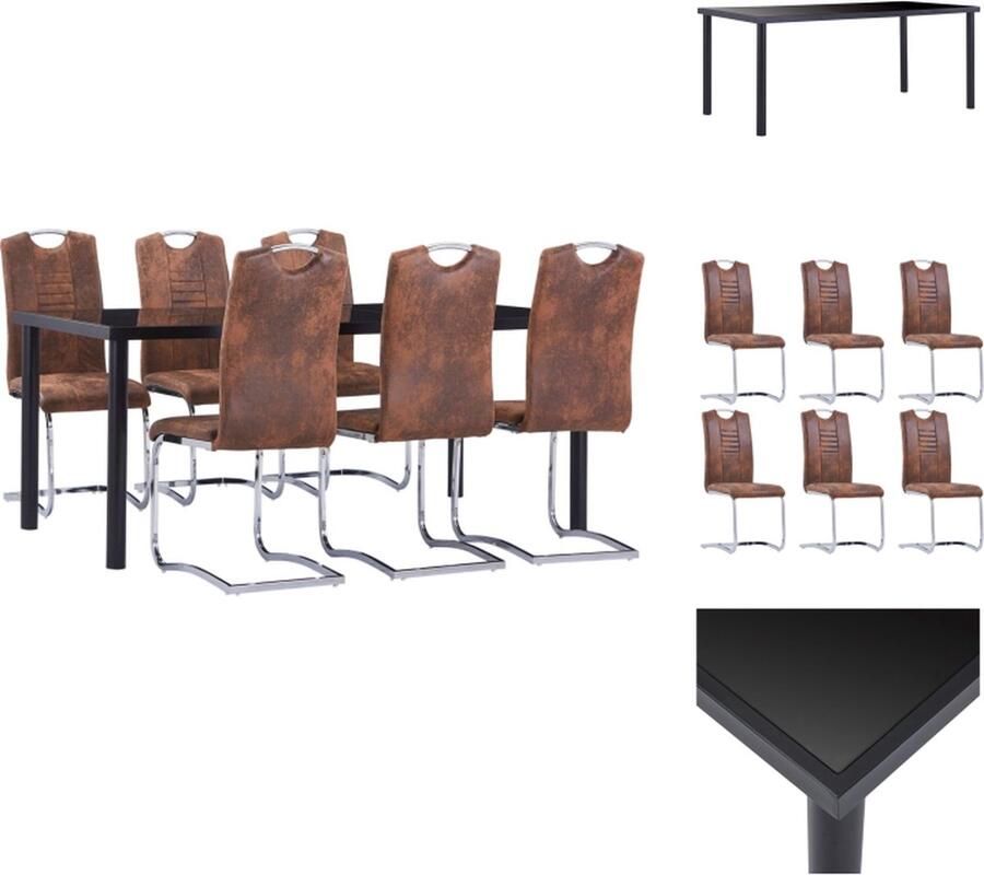 VidaXL Eethoek Eetset Zwart 180 x 90 x 75 cm Gehard glas en metaal Bruine kunstsuède 42 x 52 x 100 cm Met handvat Set tafel en stoelen