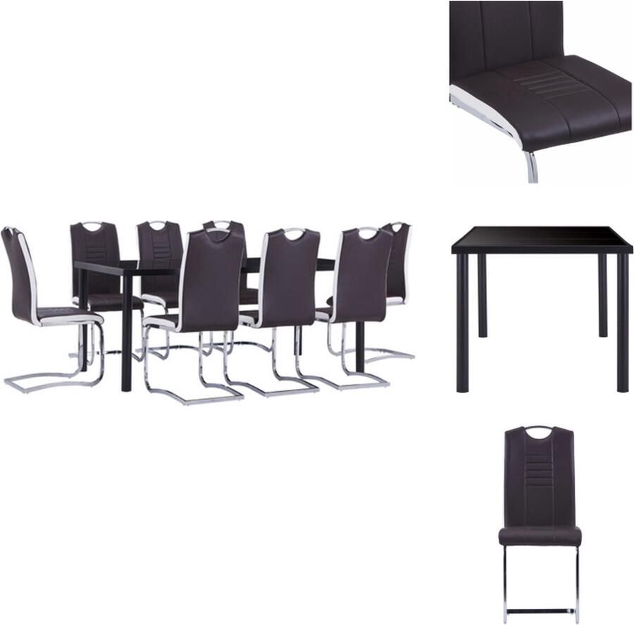 VidaXL Eettafel Eetset 180x90x75 cm Zwart Gehard Glas en Metaal + 8 Bruine Tuinstoelen Kunstleer en Staal Handvat Set tafel en stoelen