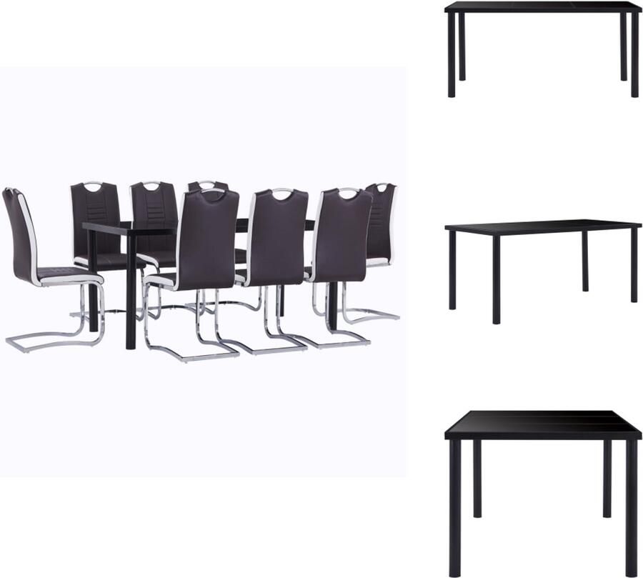 VidaXL Eetset Eettafel Eetstoelen 200 x 100 x 75 cm Zwart Gehard Glas en Metaal Bruin Kunstleer en Staal 8 Tuinstoelen Met handvat Montage vereist Set tafel en stoelen - Foto 2