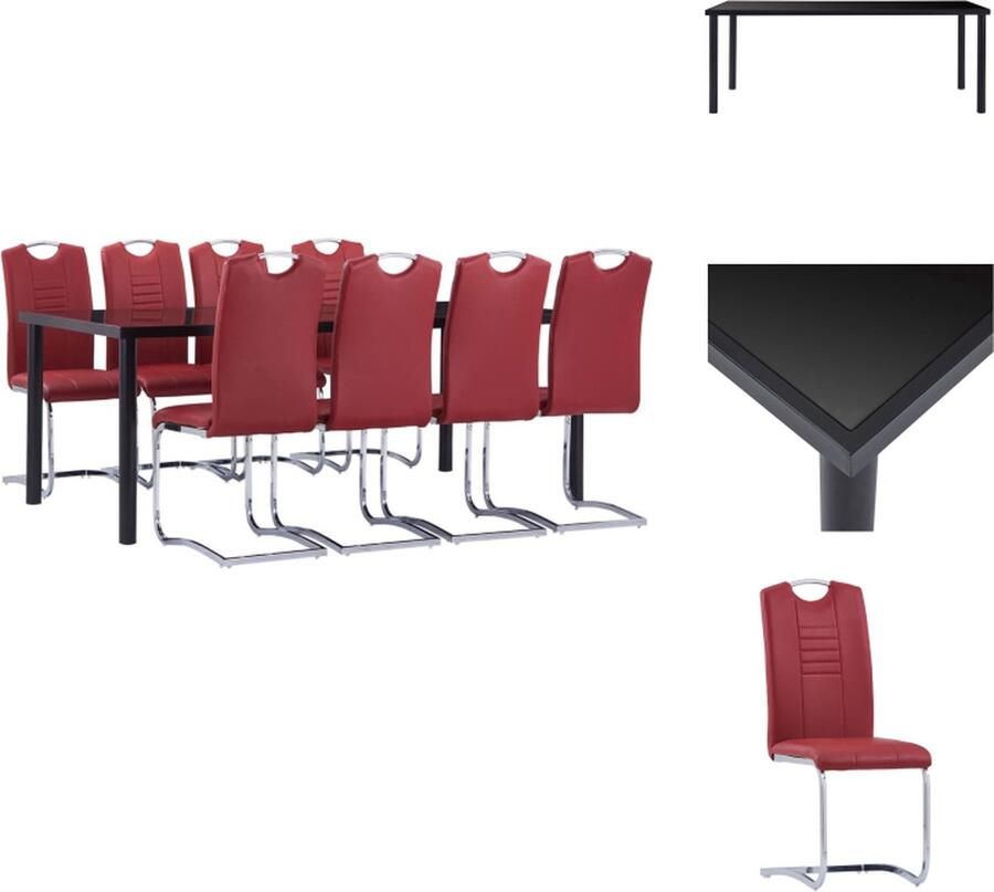 VidaXL Eettafelset Zwart Gehard glas en metaal 200 x 100 x 75 cm Inclusief 8 tuinstoelen Rood kunstleer 42 x 52 x 100 cm Met handvat Montage vereist Set tafel en stoelen