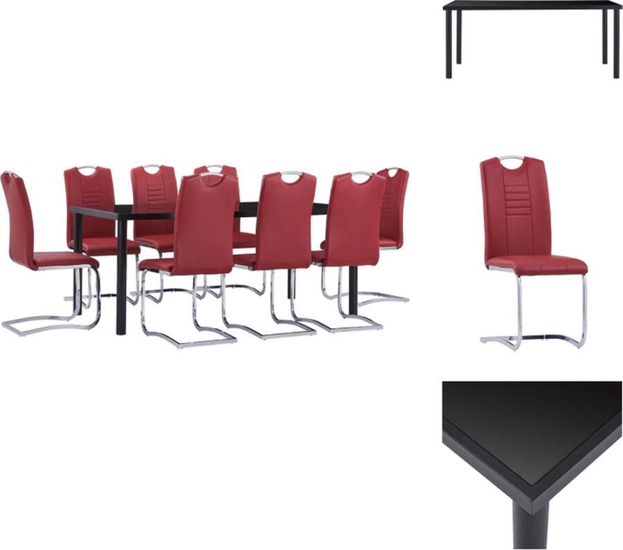 VidaXL Eettafelset Zwart Gehard glas en metaal 200 x 100 x 75 cm Inclusief 8 tuinstoelen Rood kunstleer 42 x 52 x 100 cm Met handvat Montage vereist Set tafel en stoelen - Foto 2