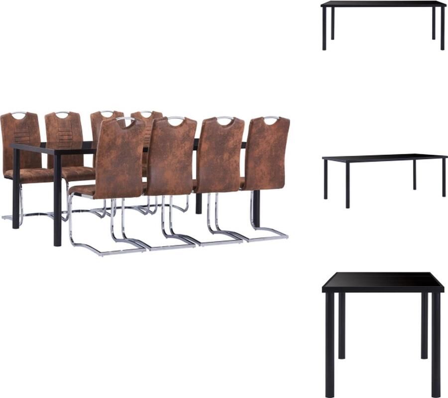 VidaXL Eettafelset Zwart Gehard glas en metaal 180 x 90 x 75 cm 8 tuinstoelen Bruin Kunstsuède en staal 42 x 52 x 100 cm Set tafel en stoelen