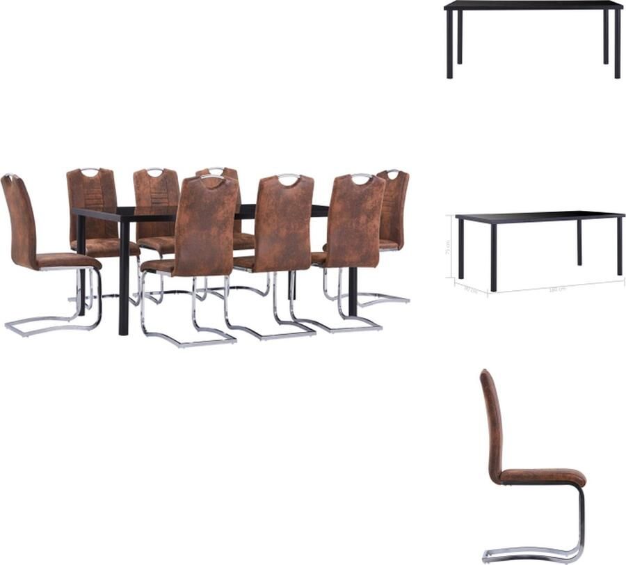 VidaXL Eettafelset Zwart Gehard glas en metaal 180 x 90 x 75 cm 8 tuinstoelen Bruin Kunstsuède en staal 42 x 52 x 100 cm Set tafel en stoelen - Foto 2