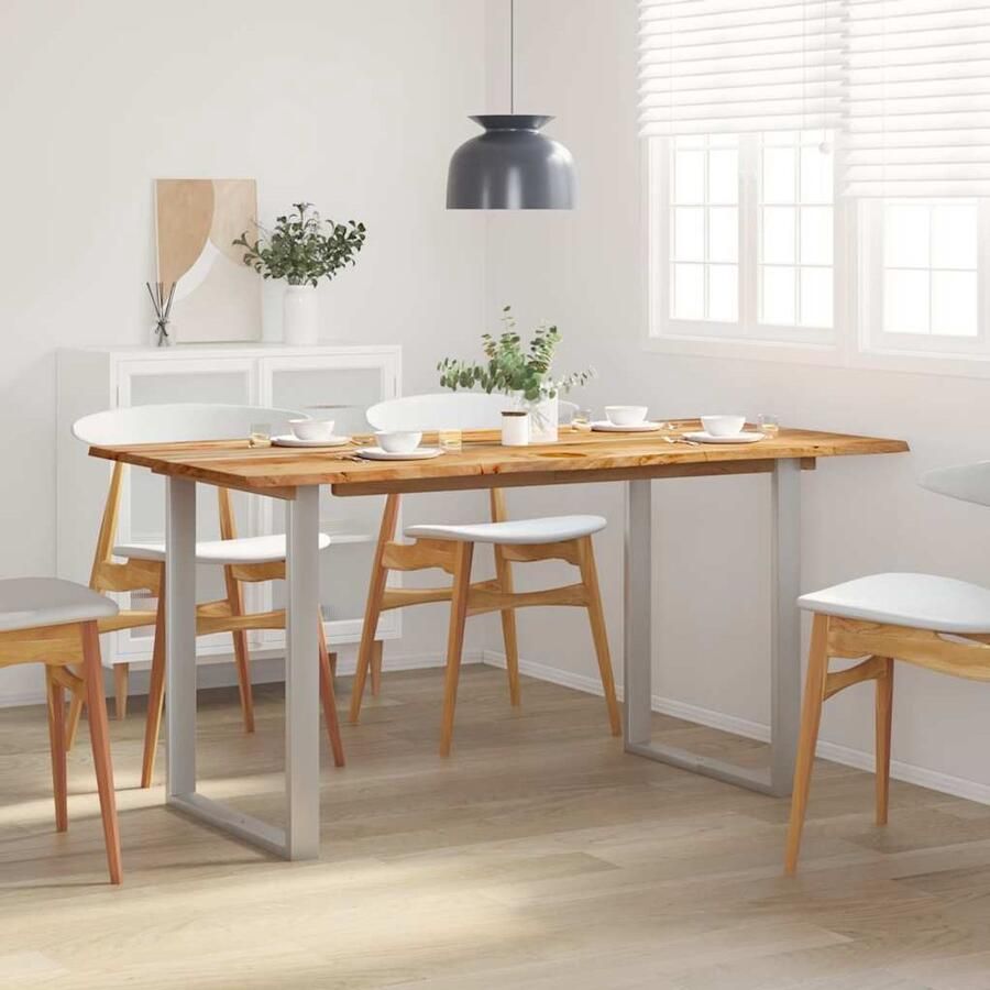 The Living Store IndustriÃle Eetkamertafel 154 x 80 x 76 cm Massief Acaciahout Zilver Eetkamertafel Industrieel Design Acacia Houten Tafel Massief Hout Metalen Poten - Foto 2