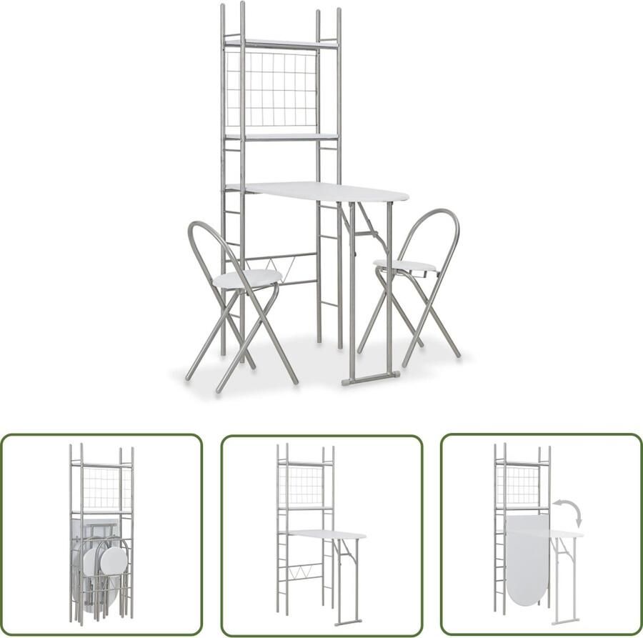 The Living Store 3-delige Eethoek inklapbaar met opbergrek MDF en staal wit Barset Eettafel Eetkamerset Bistrotafel Klapstoel