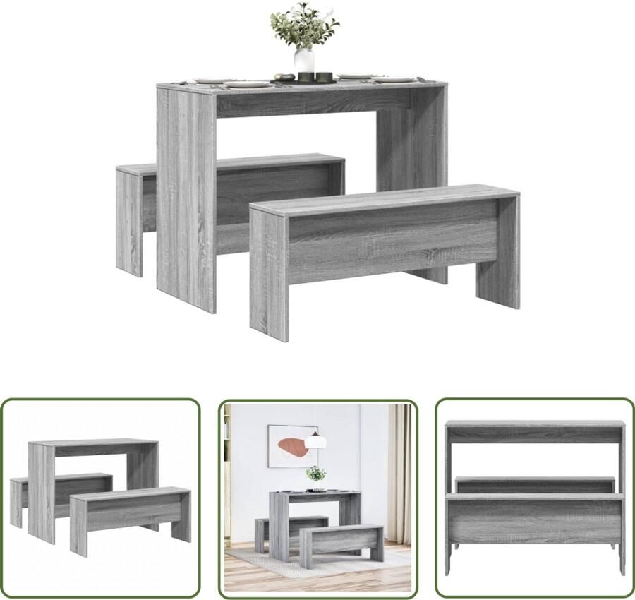 The Living Store 3-delige Eettafel en bankenset bewerkt hout grijs sonoma eiken Eetkamer Set Eettafel Banken Houten Eettafel Grijze Eettafel