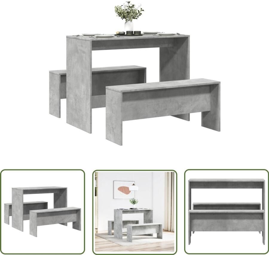 The Living Store 3-delige Eettafel en bankenset bewerkt hout betongrijs Eetkamerset Eettafel Bankjes Houten Meubels Beton Grijs