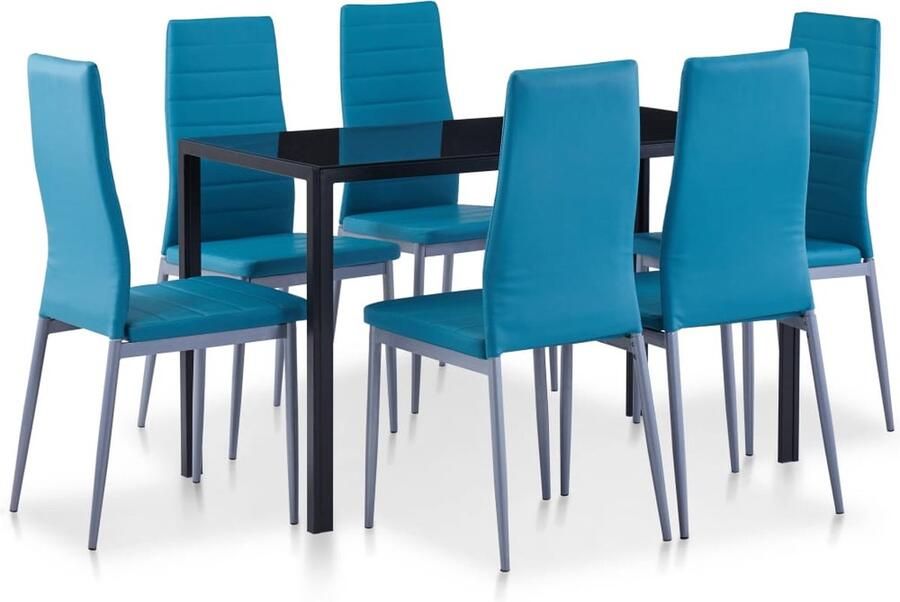 The Living Store Eetkamerset Blauw Gehard Glas 120x60x74cm 7 Delig Eetkamerset Eettafel Eetkamerstoel Blauwe Eethoek Moderne Eethoek