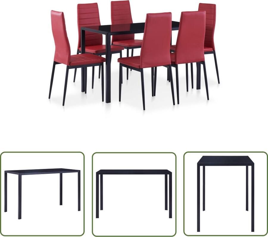 The Living Store Eetkamerset 7-delig Wijnrood Glas en kunstleer 120x60x74cm Eetkamerset Eettafel Eetkamerstoel Salon Meubilair Rood Meubilair