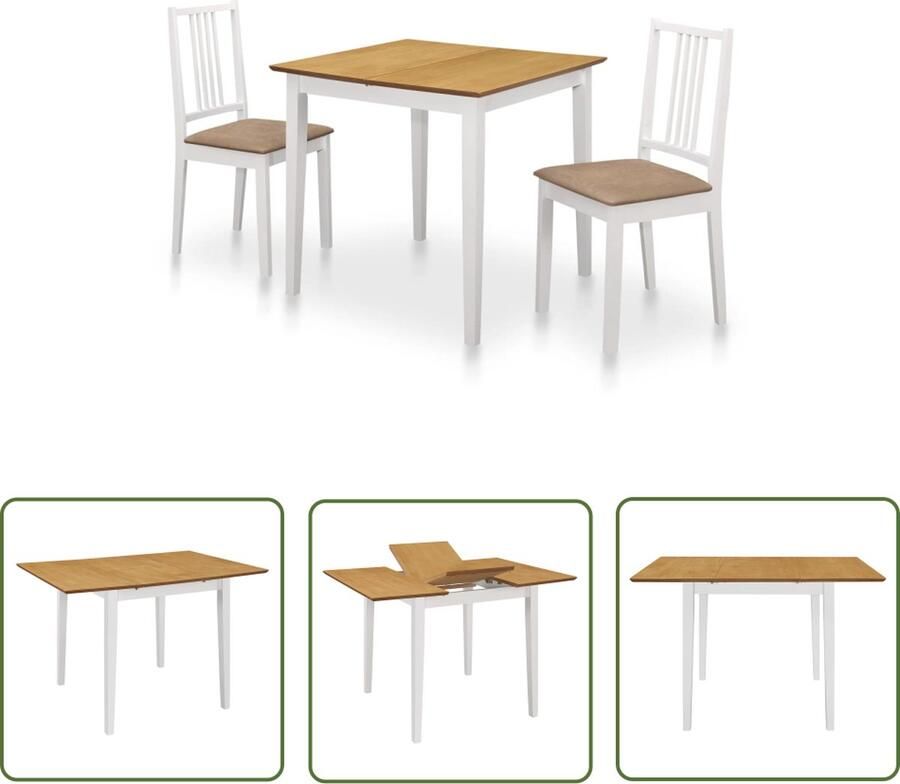 The Living Store Eethoek Verlengbare Eettafel (80-120) x 80 x 74 cm 2 Eetstoelen Wit en Bruin Massief Rubberwood Eetkamerstoel Eettafel Houten Meubels Rubber Wood Witte Meubels