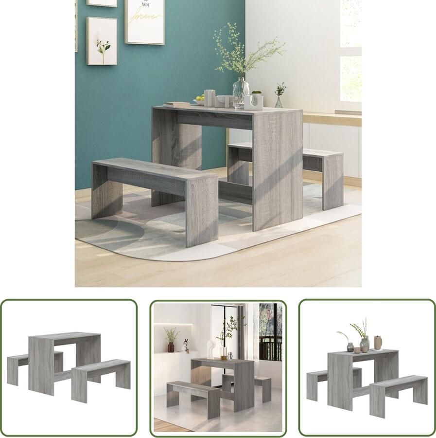 The Living Store 3-delige Eethoekset bewerkt hout grijs sonoma eikenkleurig Eetkamerstoel Eettafel Salontafel Houten Eethoek Eethoekset