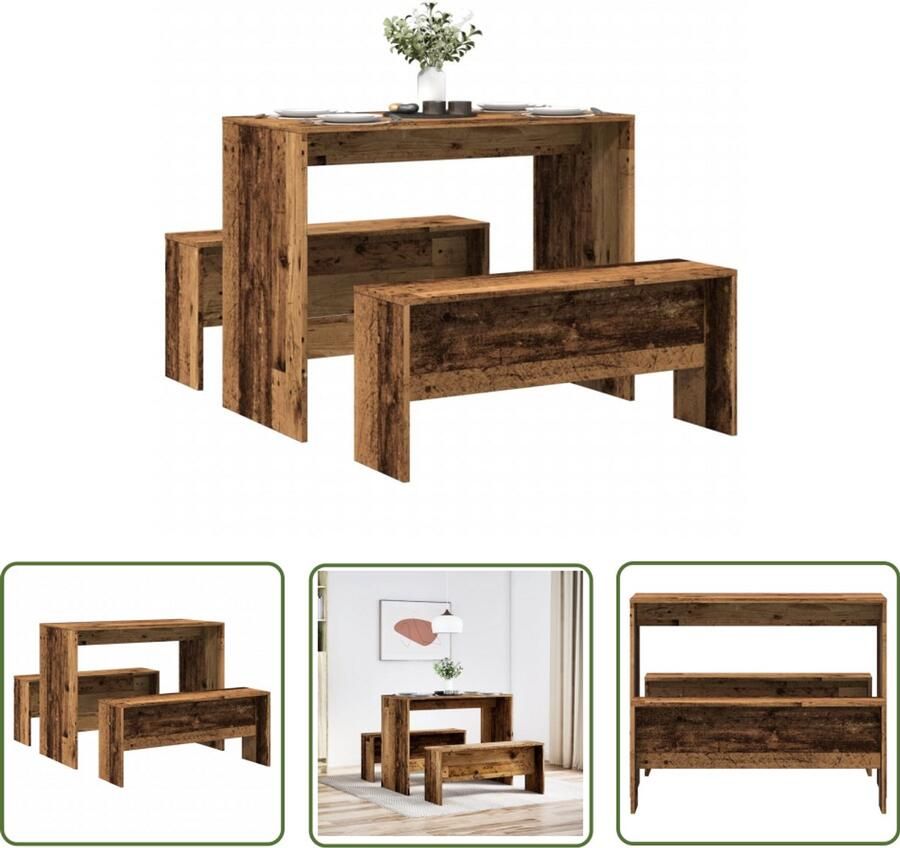 The Living Store 3-delige Eettafel en bankenset bewerkt hout oud houtkleurig Eetkamerstoel Eettafel Houten Eettafel Vintage Eettafel Salontafel
