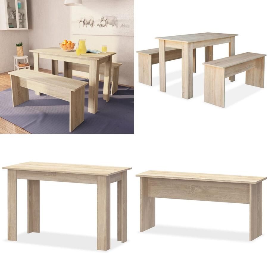 VidaXL Eettafel en banken 3 st bewerkt hout eikenkleurig Eetkamerset Eetkamersets Eetset Eetsets