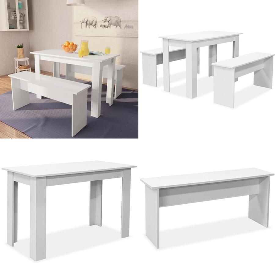 VidaXL Eettafel en banken 3 st bewerkt hout wit Eetkamerset Eetkamersets Eetset Eetsets